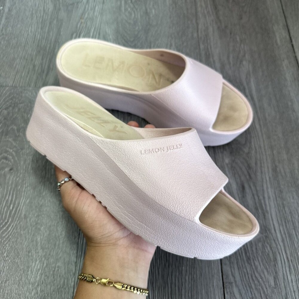 Women's Pink Fuchsia Lemon Jelly Sunny Y2K Vegan Platform Slides Size 37 US 6.5